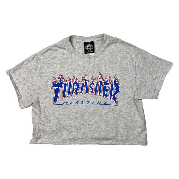 Thrasher Tops - Thrasher Logo Magazine Flame Graphic Cropped Top Tee T-Shirt Womens S Small